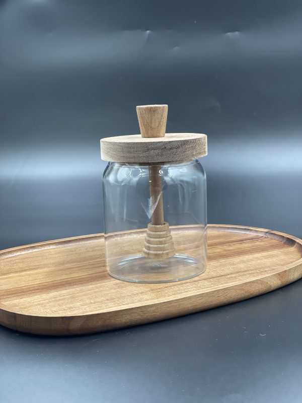 Pot pour miel en verre avec couvercle en bois d’acacia