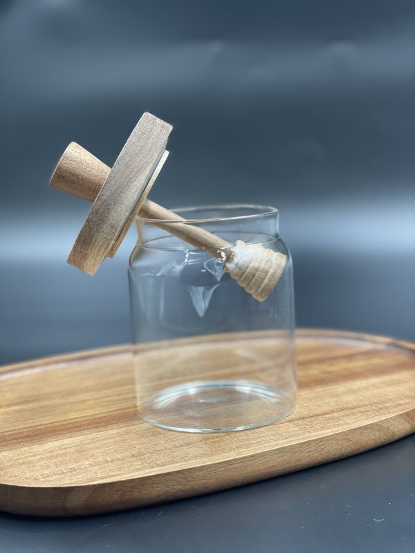 Pot pour miel en verre avec couvercle en bois d’acacia
