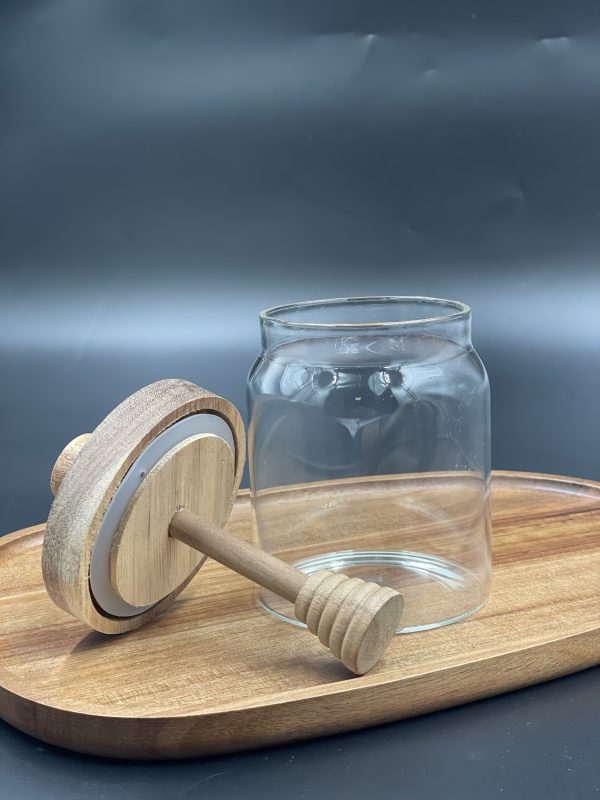 Pot pour miel en verre avec couvercle en bois d’acacia