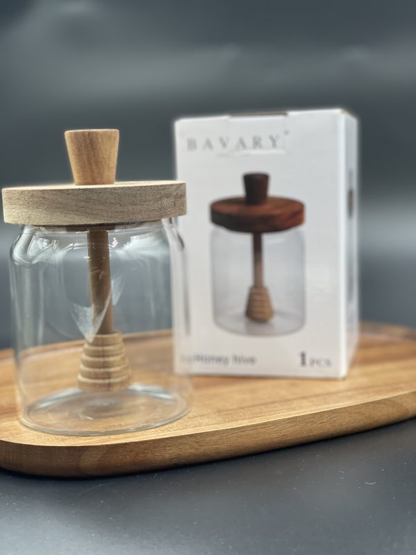 Pot pour miel en verre avec couvercle en bois d’acacia